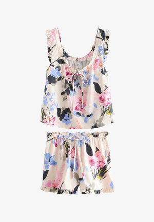 Top sans manches à imprimé floral avec bretelles volantées et short assorti à taille élastique avec cordon et ourlets volantés, en rose pastel, bleu et noir.