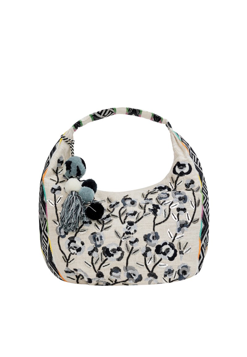 Borsa in tessuto ricamato con motivi floreali in nero, bianco e grigio. Presenta un manico colorato e decorato con pompon.