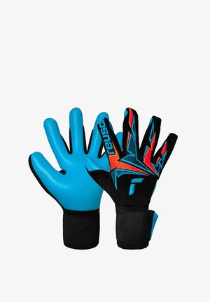 Blue goalkeeper gloves with black accents. Smooth latex surface, reinforced tips, and a textured grip. Adjustable wrist strap for support.