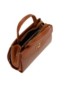 Sac à main en simili cuir marron avec motif crocodile, doté de poignées doubles, de fermetures éclair et à pression, et d'accents en métal doré.