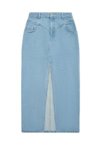 Šviesiai mėlyna džinsinė sijonas su priekiu suplėšytais kraštais, aukštu liemeniu, dviem kišenėmis ir išsamiais siūlų siuvinėjimais palei siūles.