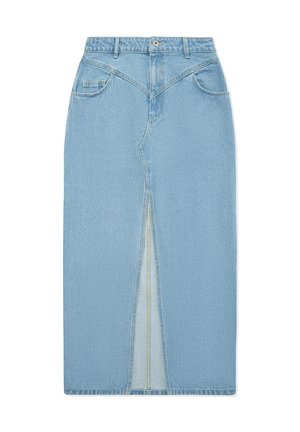 Heledsinine denim seelik esise kärpega, kõrge vöökohaga, kahe tasku ja detailse õmblusega õmbluste ääres.