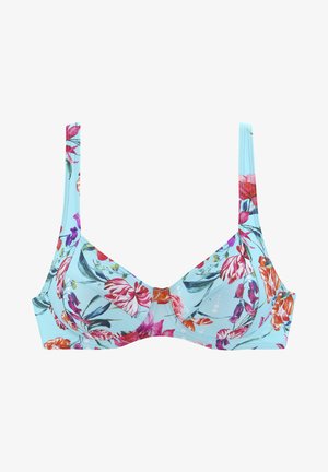 Hele sinine rinnahoidja, millel on lillemuster roosa, punase ja lillaga. Struktureeritud disain, reguleeritavad rihmad ja pehme tekstuur.