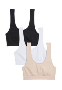 Tres bralettes de corte recto en negro, blanco y beige. Fabricados con un tejido suave y elástico, con tirantes anchos y un acabado liso.