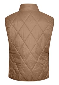 Kurtka puchowa w kolorze jasnobrown, z wysokim kołnierzem i wzorem w romby. Gładki, błyszczący materiał bez widocznych elementów metalowych lub akcentów.