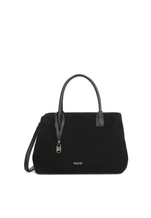 Sac à main en daim noir avec deux poignées en cuir noir, une bandoulière détachable et un petit bijou logo doré, marqué "kazar" en lettres dorées.
