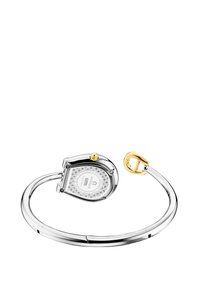 Srebrny zegarek na bransoletce z okrągłą, osadzoną w bezel twarzą, złotymi akcentami i dekoracyjnym wzorem na tarczy. Regulowany zapięcie.