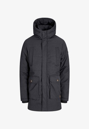 Tamnosivi zimski izolirani kaput s kapuljačom, prednjim patentnim zatvaračem, dva džepa s preklopom i kopčama na drukere te rebrastim manžetnama.