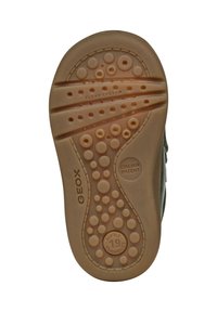 Suola in gomma marrone con punti rialzati circolari e scanalature per la flessibilità. Il testo inciso include "FLEXY SYSTEM" e "SOFTLY CUSHIONED 19", insieme a "BREVETTO ITALIANO".