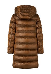 Brun vatteret jakke med hætte, der har et quiltet design og en blank, glat tekstur. Den har en mellemlang længde og elastiske manchetter.