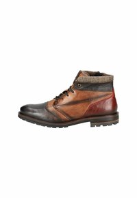 Bottes à cheville en cuir présentant un mélange de matériaux marron foncé, beige et bordeaux. Bord texturé avec lacets et semelles robustes.
