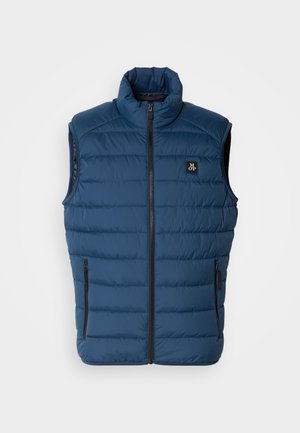 Navyblaues gepolstertes Weste mit hohem Kragen, Frontreißverschluss und zwei Seitentaschen. Verfügt über ein Logo auf der Brust und eine strukturierte Oberfläche.