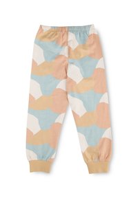 Cotton pajama pants with an elastic waistband in a pastel color palette, featuring abstract shapes in blue, beige, and white. Cuffs at ankles.