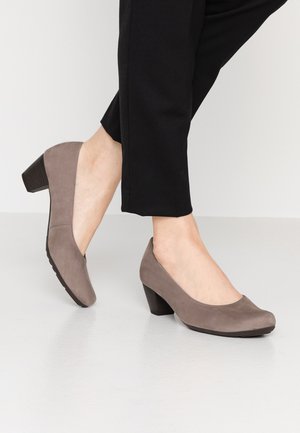 Gray suede heeled shoes with a rounded toe and a modest block heel, set against a white background, worn with black tapered pants.