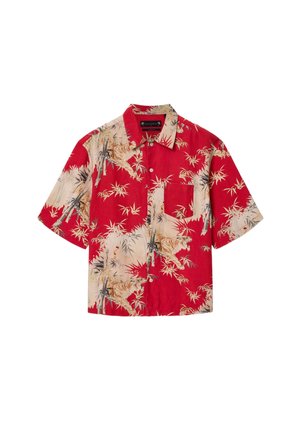 Kurzärmliges Hemd zum Zumknöpfen mit rotem und beigem Tiger- und Bambusmuster, ausgestattet mit einer Brusttasche und einem Kragen.