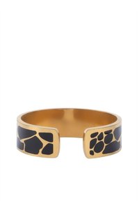 Bracelet en métal doré avec un design à motif irrégulier noir aux deux extrémités, finition lisse et polie.