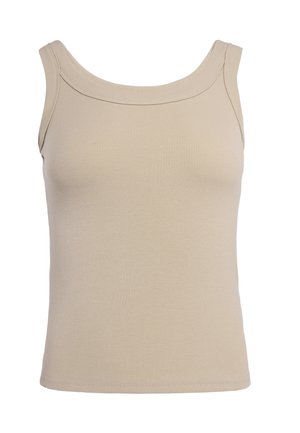 Top beige a coste senza maniche con spalline larghe e scollo arrotondato.