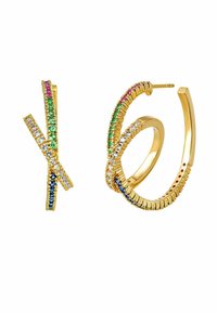 Pendientes de aro de oro con piedras preciosas de colores en verde, rosa, azul y acentos transparentes; superficies texturizadas con detalles intrincados.