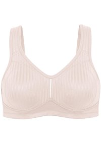 Beige bh met ribbeltextuur, brede bandjes en een naadloos ontwerp. Heeft een kleine middennaad voor vorm en subtiele gestikte accenten.