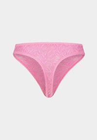 Roze kantstring met een bloemmotief, voorzien van een soepele tailleband en delicate stiksels langs de randen. Zachte, semi-doorzichtige textuur.