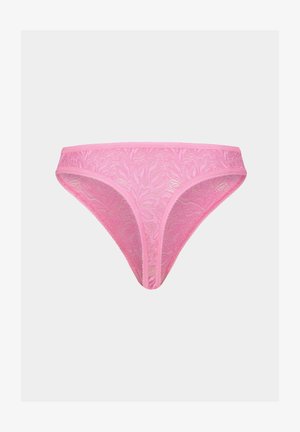 Rosa Spitzenstrings mit einem floralen Muster, ausgestattet mit einem glatten Bund und zarter Naht entlang der Kanten. Weiche, semi-transparente Textur.