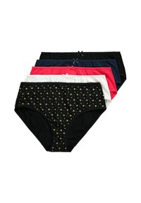 Vijf paar damesslipjes van katoen in diverse kleuren: zwart met gouden sterren, marineblauw, zwart, wit en roze, met strikaccenten.