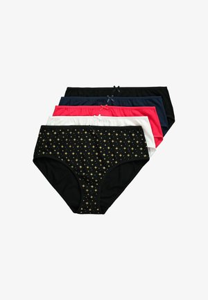 Pět párů dámských bavlněných spodních kalhotek v různých barvách: černé s zlatými hvězdami, námořnická modrá, černá, bílá a růžová, se zdobnými mašličkami.