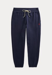 Marineblaue Jogginghose mit elastischen Bündchen und Bund, weißem Kordelzug, Seitentaschen und kleinem roten Logo am linken Oberschenkel.