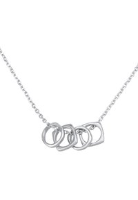 Collana d'argento con forme geometriche intrecciate: due anelli tondi e due anelli quadrati, tutti con una finitura liscia e lucida.
