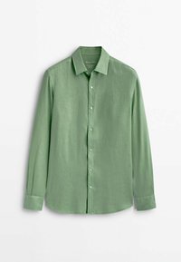 Ljusgrön långärmad skjorta av texturerat tyg med knäppkrage och fem knappar framtill.