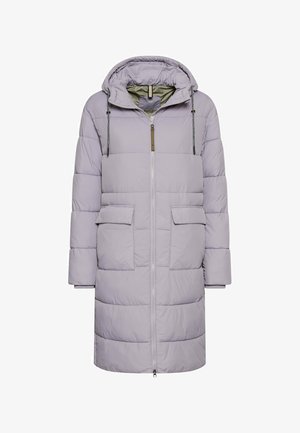 Licht paarse pufferjas met een capuchon, ritssluiting, twee voorzakken, gequilt textuur en verstelbare koorden op de capuchon.