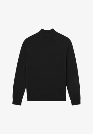 Sort langærmet sweater med høj rund hals og ribstrikkede manchetter og kant, lagt fladt på en hvid baggrund.