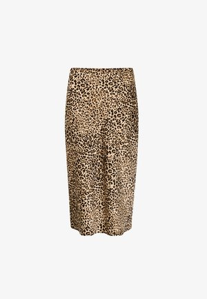 Fustă tip creion cu imprimeu leopard în nuanțe de bej și negru, confecționată dintr-un material neted, cu o tăietură de lungime medie și talie ajustată. Fără închideri vizibile.