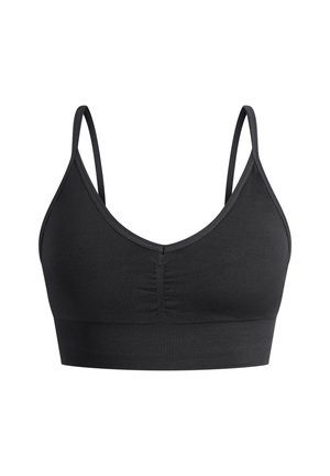 Zwarte beha met dunne verstelbare bandjes, een V-halsontwerp, geplooid middengedeelte en een brede elastische band aan de onderkant. Glad stoffen textuur.