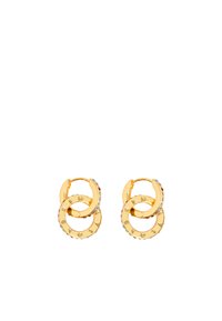 Orecchini a cerchio color oro con forme circolari intrecciate, decorati con gemme colorate lungo i bordi per un tocco di dettaglio in più.