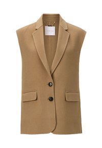 Mouwloos bruin vest van wol met een kraag met punten, twee voorzakken en twee zwarte knopen aan de voorkant. Label met "rich & royal."