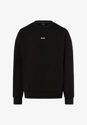 Schwarzer Sweatshirt mit BOSS-Logo in heller Farbe, runder Ausschnitt, lange Ärmel und gerippte Bündchen sowie Saum. Glatte Textur.