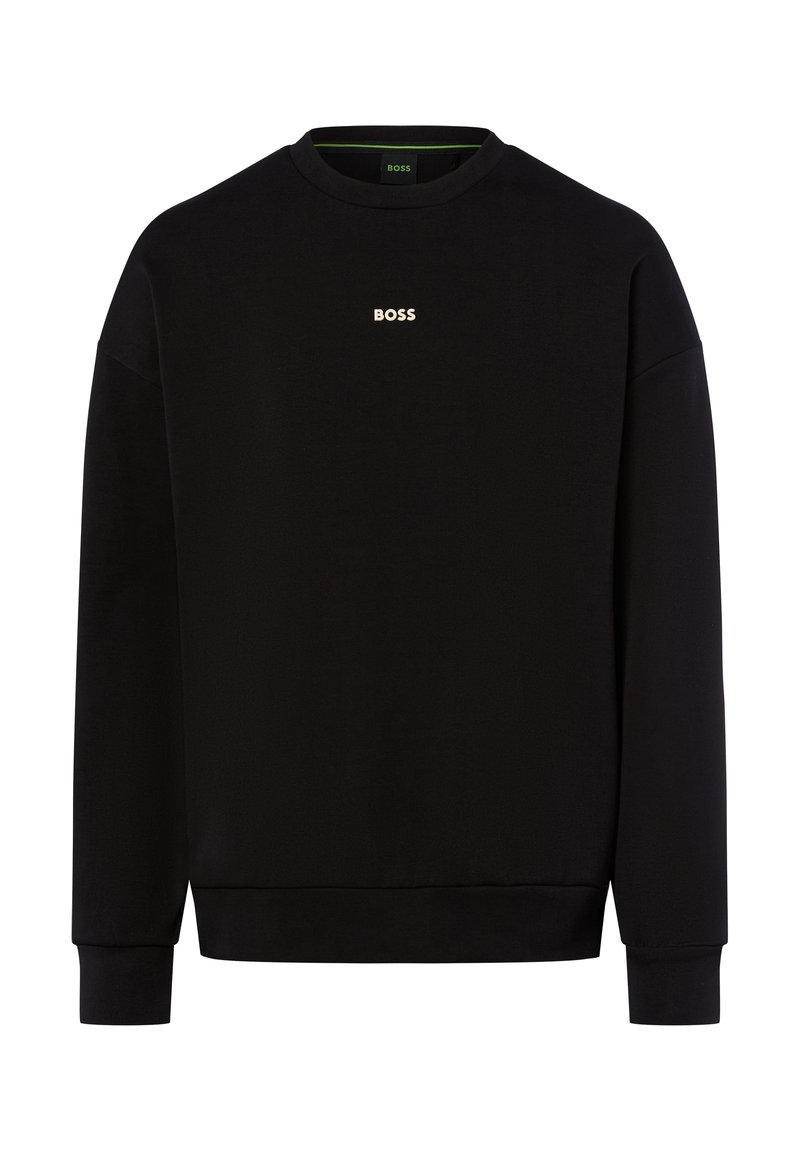 Μαύρη μπλούζα με λογότυπο BOSS σε ανοιχτό χρώμα, με στρογγυλή λαιμόκοψη, μακριά μανίκια και ριμπ μανσέτες και στρίφωμα. Λείος υφασμάτινος τύπος.