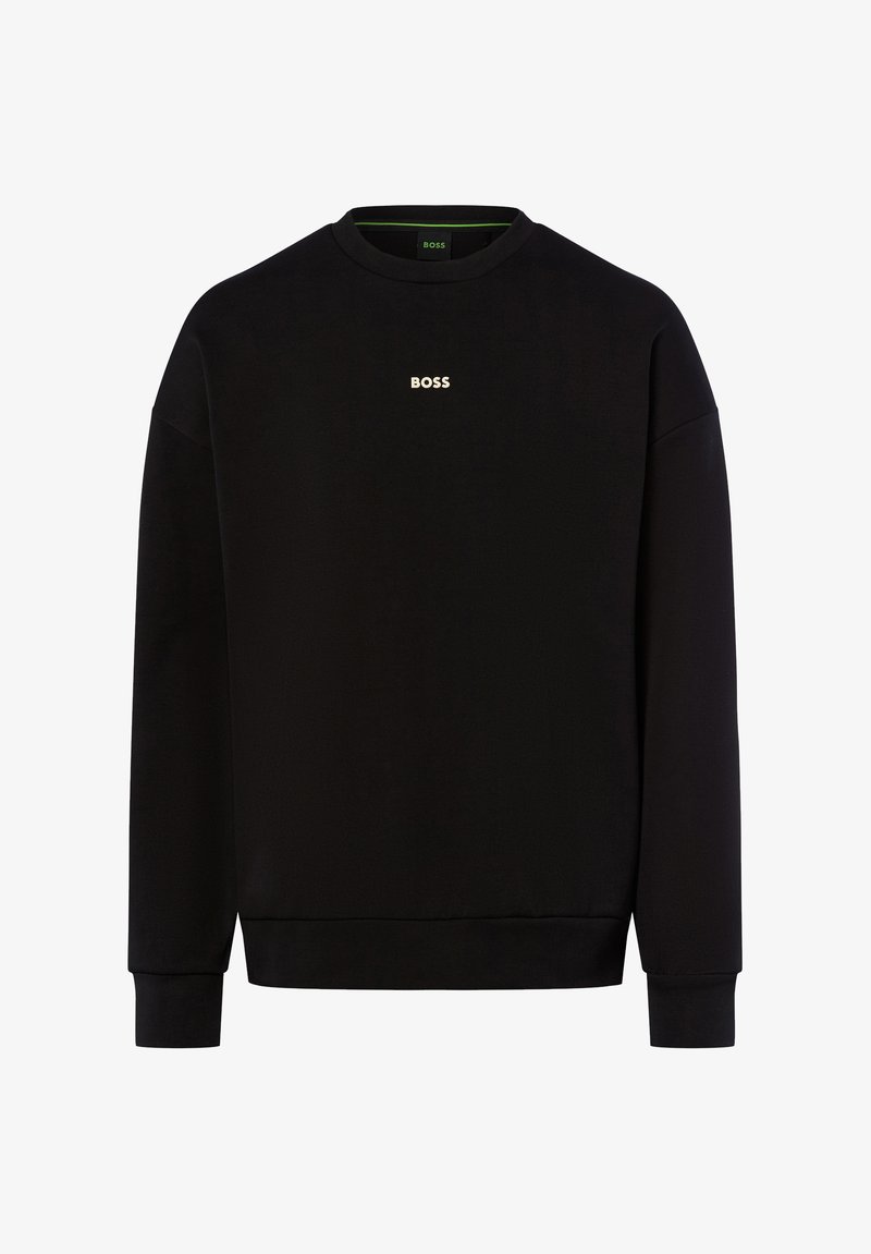 Μαύρη μπλούζα με λογότυπο BOSS σε ανοιχτό χρώμα, με στρογγυλή λαιμόκοψη, μακριά μανίκια και ριμπ μανσέτες και στρίφωμα. Λείος υφασμάτινος τύπος.