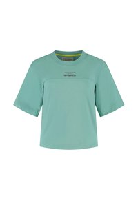 Miętowa koszulka bawełniana z okrągłym dekoltem, krótkimi rękawami i poziomą szwami. Zawiera logo 'aramco' oraz napis 'Formula One Team'.