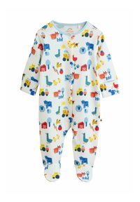 Bavlnené dojčenské body s jemne modrým pozadím a farebnými potlačami domácich zvierat a dopravných prostriedkov. Dlhé rukávy a zapínanie na cvoky v spodnej časti.