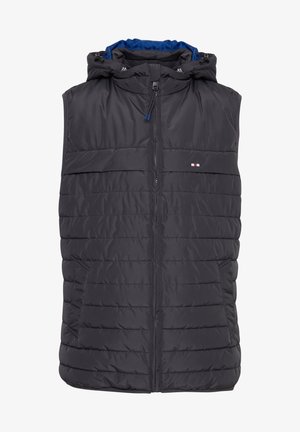 Gilet smanicato imbottito, grigio scuro, con cappuccio, zip anteriore e due tasche laterali. Design a righe orizzontali con dettagli del logo in discreto.