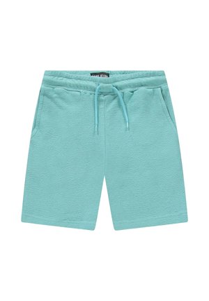 Lichtblauwe korte broek gemaakt van gestructureerde stof. Voorzien van een elastische tailleband met trekkoord en twee zijzakken. Kniehoog.