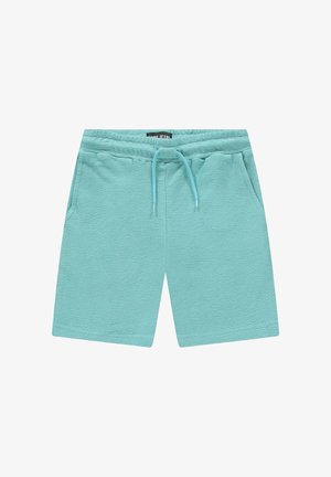 Lichtblauwe korte broek gemaakt van gestructureerde stof. Voorzien van een elastische tailleband met trekkoord en twee zijzakken. Kniehoog.