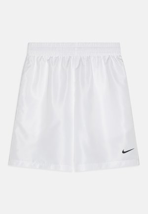 Calções atléticos brancos feitos de um tecido liso e brilhante. Apresentam um cós elástico e um pequeno logotipo da Nike a preto no canto inferior direito.