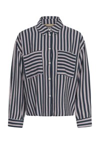 Temno modra srajca s pribijanjem gumbov, z navpičnimi črtami v beli in svetlo roza barvi. Ima dva prsna žepa, ovratnik in dolge rokave. Iz bombažnega materiala.