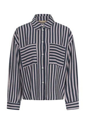 Marineblauw overhemd met knopen en verticale strepen in wit en lichtroze. Heeft twee borstzakken, een kraag en lange mouwen. Gemaakt van katoen.