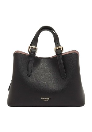 Borsa a mano in pelle nera testurizzata con due manici superiori, fibbie dorate e logo Twinset Milano dorato al centro frontale.