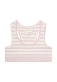 Rosa och vit randig bomullsbralette med rund halsringning, racerback-design och en mjuk, bred elastisk linning längst ner.