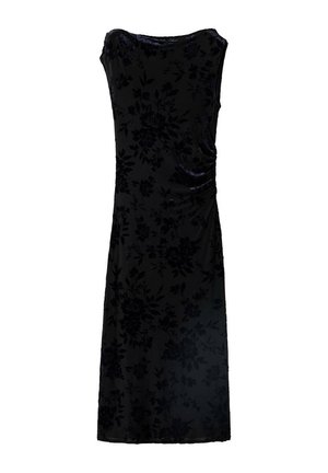 Robe longue noire sans manches, ornée d’un discret motif floral, avec une encolure drapée et des fronces à la taille.